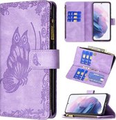 Voor Samsung Galaxy S21 + 5G Flying Butterfly Embossing Pattern Rits Horizontale Flip Leather Case met houder & kaartsleuven & portemonnee (paars)
