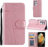 Voor Samsung Galaxy S21 Ultra 5G Stiksels Kalf Textuur Gesp Horizontale Flip Leren Case met Houder & Kaartsleuven & Portemonnee & Lanyard (Rose Goud)