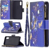 Voor Samsung Galaxy A02 Gekleurde Tekening Patroon Rits Horizontale Flip Leren Case met Houder & Kaartsleuven & Portemonnee (Paarse Vlinder)