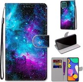 Voor Samsung Galaxy F62 / M62 Gekleurde tekening Cross Texture Horizontale Flip PU lederen hoes met houder & kaartsleuven & portemonnee & lanyard (paarsgroene sterrenhemel)