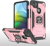 Voor Motorola Moto G9 Power magnetisch pantser Schokbestendig TPU + pc-hoesje met metalen ringhouder (roségoud)