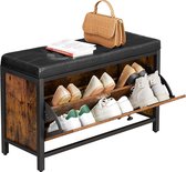 Schoenbank, gewatteerde schoenorganisatie met klep, schoenenkast voor 6 paar schoenen, stalen frame, industrieel ontwerp, vintage bruin-zwart