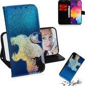 Gekleurde tekening patroon Kleurrijke magnetische gesp Horizontale flip PU lederen tas met houder & kaartsleuven & portemonnee & lanyard voor Galaxy A50 (kat en luipaard)