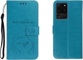 Voor Galaxy S20 Ultia Reliëf Shiba Inu links en rechts lederen tas met standaard & kaartsleuf & sallet (blauw)