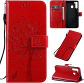 Voor Galaxy A21 Tree & Cat Pattern Pressed Printing Horizontale Flip PU lederen tas met houder & kaartsleuven & portemonnee & lanyard (rood)