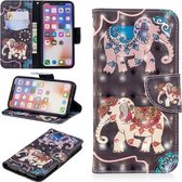 Horizontaal lederen flip-hoesje met 3D-kleurentekeningpatroon voor iPhone X & XS, met houder en kaartsleuven en portemonnee (twee olifanten)