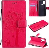 Voor OPPO A53 (2020) / A32 Tree & Cat Pattern Pressed Printing Horizontale Flip PU lederen tas met houder & kaartsleuven & portemonnee & lanyard (Rose Red)