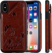 Voor iPhone X Cat Bee Embossing Pattern Schokbestendige beschermhoes met kaartsleuven en fotolijst (bruin)