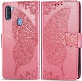 Voor Galaxy A11 Butterfly Love Flower reliëf horizontale flip lederen tas met beugel / kaartsleuf / portemonnee / lanyard (roze)