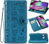 Voor Galaxy A40 schattige kat en hond reliëf horizontale flip lederen tas met beugel / kaartsleuf / portemonnee / lanyard (blauw)