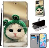 Gekleurde tekening Cross Texture Horizontale Flip PU lederen tas met houder & kaartsleuven & portemonnee & lanyard voor iPhone 12 mini (Frog Kitten)