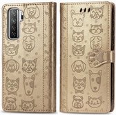 Voor Huawei P40 Lite 5G & Nova 7 SE Mooie Kat en Hond Embossing Patroon Horizontale Flip Leren Case, met Houder & Kaartsleuven & Portemonnee & Cartoon Sluiting & Lanyard (Goud)