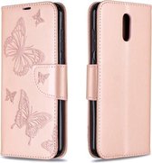 Voor Nokia 2.3 Two Butterflies Embossing Pattern Horizontale Flip Leather Case met houder & kaartsleuf & portemonnee & Lanyard (Rose Gold)