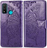 Voor Huawei P Smart 2020 Butterfly Love Flower Reliëf Horizontale Flip Leren Case met Beugel / Kaartsleuf / Portemonnee / Lanyard (Donkerpaars)