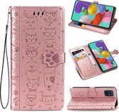 Voor Galaxy A51 5G Leuke Kat en Hond Reliëf Horizontale Flip Leren Case met Beugel / Kaartsleuf / Portemonnee / Lanyard (Rose Goud)