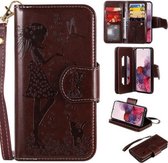 Voor Samsung Galaxy S20 vrouw en kat reliëf horizontale flip lederen tas, met kaartsleuven & houder & portemonnee & fotolijst & spiegel & lanyard (bruin)