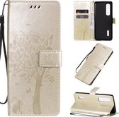 Voor OPPO Find X2 Pro Tree & Cat Pattern Pressed Printing Horizontale Flip PU lederen tas met houder & kaartsleuven & portemonnee & lanyard (goud)