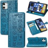 Voor iPhone 12 Pro Max Leuke Kat en Hond In reliëf gemaakte Horizontale Leren Flip Case met Houder & Kaartsleuven & Portemonnee & Lanyard (Blauw)