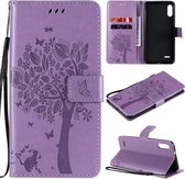 Voor LG K22 / K22 Plus Boom & Kat Patroon Geperst Afdrukken Horizontale Flip PU Leren Case met Houder & Kaartsleuven & Portemonnee & Lanyard (Lichtpaars)