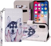 Husky-patroon Gekleurde tekening Horizontale leren flip-hoes voor iPhone X / XS, met houder en kaartsleuven en portemonnee en draagkoord