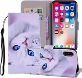 Witte kat patroon gekleurde tekening horizontale lederen flip case voor iPhone X / XS, met houder & kaartsleuven & portemonnee & lanyard