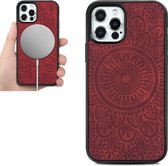 Mandala reliëfpatroon PU lederen huid magnetische patch TPU schokbestendig Magsafe-hoesje voor iPhone 12 Pro Max (rood)
