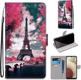 Voor Samsung Galaxy A12 / M12 Gekleurde tekening Cross Texture Horizontale Flip PU lederen tas met houder & kaartsleuven & portemonnee & lanyard (Pink Flower Tower Bridge)