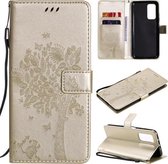 Voor Xiaomi Mi 10T / 10T Pro Tree & Cat Pattern Pressed Printing Horizontale Flip PU lederen tas met houder & kaartsleuven & portemonnee & Lanyard (goud)