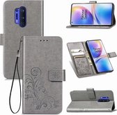 Voor OnePlus 8 Pro PU lederen hoes met vierbladige gesp reliëf gesp met houder & kaartsleuven & portemonnee & draagriem (grijs)
