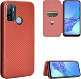 Voor OPPO A53 / A32 (2020) Koolstofvezel Textuur Magnetische Horizontale Flip TPU + PC + PU lederen tas met kaartsleuf en lanyard (bruin)