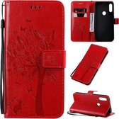 Voor Motorola Moto E7 Tree & Cat Pattern Pressed Printing Horizontale Flip PU Leather Case met houder & kaartsleuven & portemonnee & Lanyard (rood)