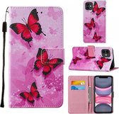 Voor iPhone 11 Cross Texture Painting Pattern Horizontale Flip Leather Case met Houder & Kaartsleuven & Portemonnee & Lanyard (Roze Vlinder)