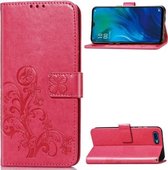 Voor OPPO Reno A vierbladige gesp reliëf gesp mobiele telefoon bescherming lederen tas met lanyard & kaartsleuf & portemonnee & beugel functie (magenta)