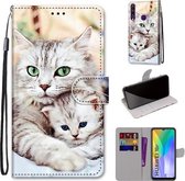 Voor Huawei Y6p Gekleurde Tekening Cross Textuur Horizontale Flip PU Lederen Case met Houder & Kaartsleuven & Portemonnee & Lanyard (Big Cat Holding Kitten)