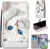 Voor Motorola Moto G 5G Gekleurde Tekening Cross Textuur Horizontale Flip PU Lederen Case met Houder & Kaartsleuven & Portemonnee & Lanyard (Wit Kitten)