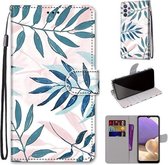 Voor Samsung Galaxy A32 5G Gekleurde Tekening Cross Textuur Horizontale Flip PU Lederen Case met Houder & Kaartsleuven & Portemonnee & Lanyard (Roze Groen Blad)