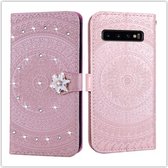 Voor Galaxy S10 5G Pressed Printing Sticking Drill Pattern Horizontal Flip PU Leather Case met houder & kaartsleuven & portemonnee & & lanyard (roze)