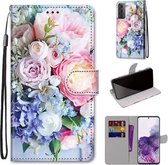 Voor Samsung Galaxy S21 + 5G Gekleurde Tekening Cross Textuur Horizontale Flip PU Lederen Case met Houder & Kaartsleuven & Portemonnee & Lanyard (Lichtroze Boeket)