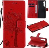 Voor Motorola Edge Tree & Cat Pattern Pressed Printing Horizontale Flip PU lederen tas met houder & kaartsleuven & portemonnee & lanyard (rood)