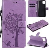 Voor Huawei Enjoy 20 5G Tree & Cat Pattern Pressed Printing Horizontale Flip PU Leather Case met houder & kaartsleuven & portemonnee & Lanyard (lichtpaars)