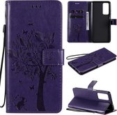 Voor Huawei Maimang 9 Boom & Kat Patroon Geperst Afdrukken Horizontale Flip PU Lederen Case met Houder & Kaartsleuven & Portemonnee & Lanyard (Paars)