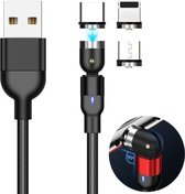 2m 2A Uitgang 3 in 1 USB naar 8 Pin + USB-C / Type-C + Micro USB Nylon Gevlochten Draaibare Magnetische Oplaadkabel (Zwart)