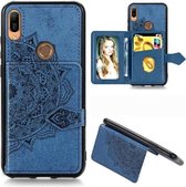 Voor Huawei Y6 (2019) Mandala Reliëf Magnetische Doek PU + TPU + PC Case met Houder & Kaartsleuven & Portemonnee & Fotolijst & Riem (Blauw)