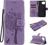 Voor Motorola Moto G 5G Tree & Cat Pattern Pressed Printing Horizontale Flip PU lederen hoes met houder & kaartsleuven & portemonnee & lanyard (lichtpaars)