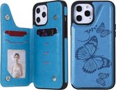 Vlinder reliëfpatroon schokbestendig beschermhoes met houder & kaartsleuven en fotolijst voor iPhone 12 Pro Max (blauw)