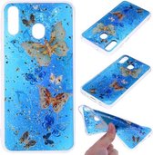 Cartoon patroon goudfolie stijl Dropping Glue TPU zachte beschermhoes voor Galaxy A40 (blauwe vlinder)