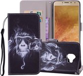 Chimpansee-patroon Gekleurde tekening Horizontale leren flip-hoes voor Galaxy J4 (EU-versie) (2018), met houder en kaartsleuven en portemonnee en draagkoord