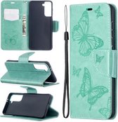 Voor Samsung Galaxy S21 5G Embossing Twee Vlinders Patroon Horizontale Flip PU Lederen Case met Houder & Kaartsleuf & Portemonnee & Lanyard (Groen)