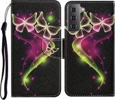 Voor Samsung Galaxy S21 5G Gekleurde Tekening Patroon Horizontale Flip PU Lederen Case met Houder & Kaartsleuven & Portemonnee & Lanyard (Paar Vlinder)