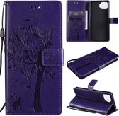 Voor OPPO F17 / A73 Tree & Cat Pattern Pressed Printing Horizontale Flip PU lederen tas met houder & kaartsleuven & portemonnee & lanyard (paars)